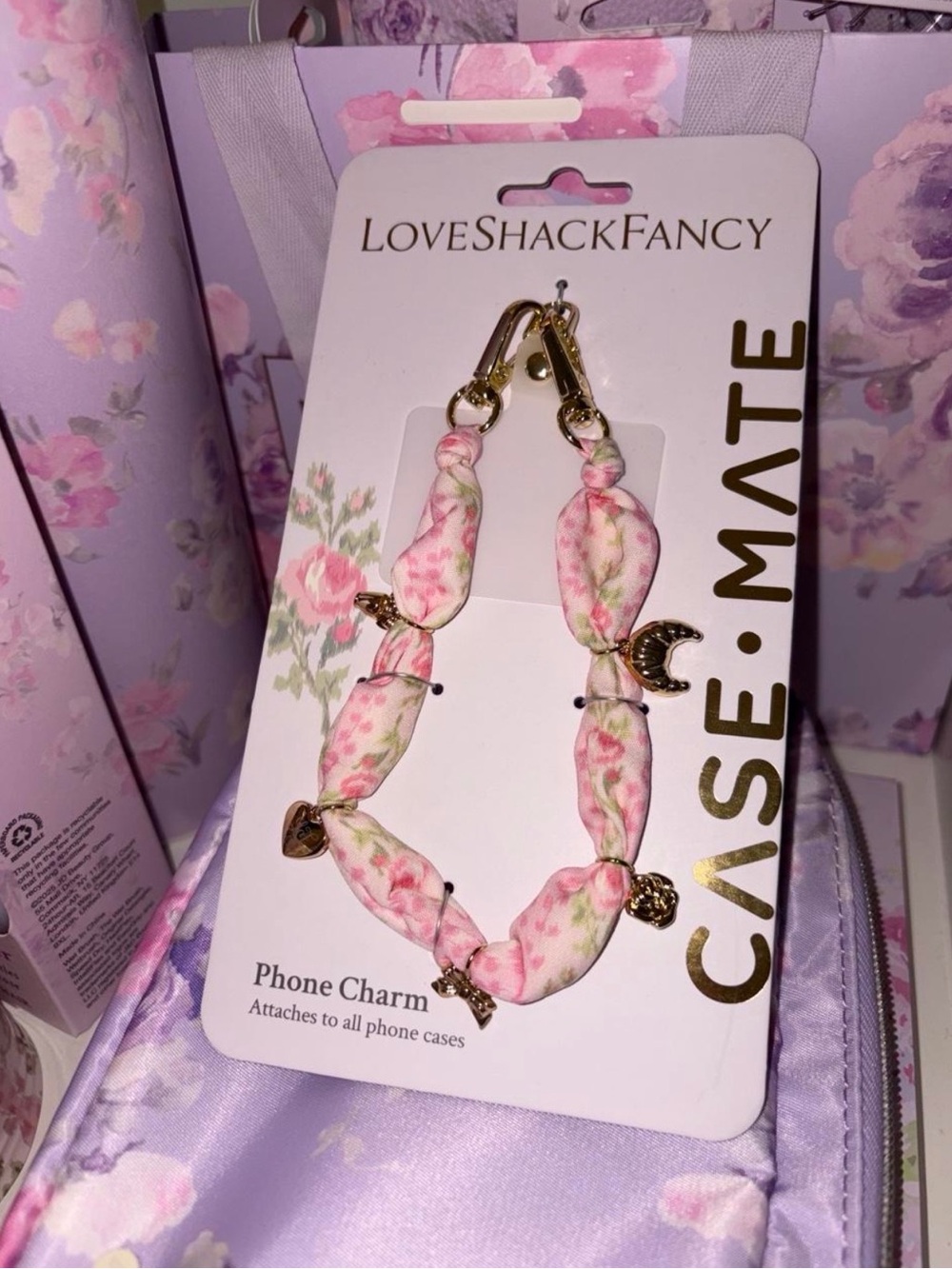 LoveShackFancy X Case Mate pink blooming heirloom phone charm keychain